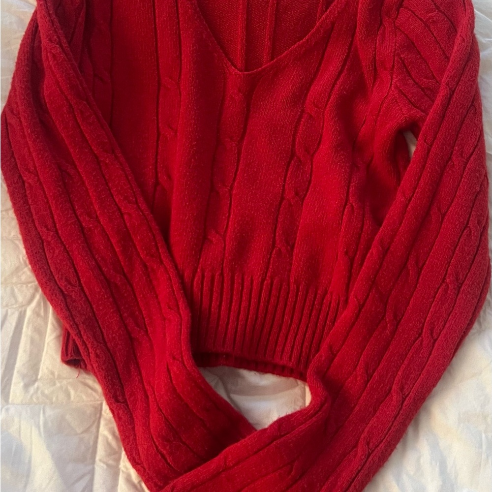 Elegant Red V-Neck Cable Sweater